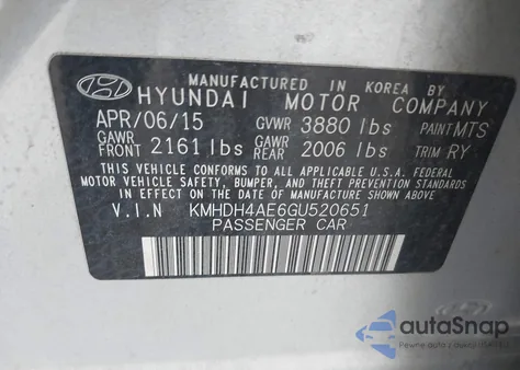 2016 Hyundai Elantra Value Edition from USA, damaged, VIN KMHDH4AE6GU52O651